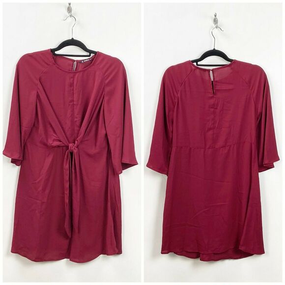 2/$30 Shein Medium Womens Burgundy Red Rouched 3/4 Sleeve Shift Dress - Picture 1 of 7
